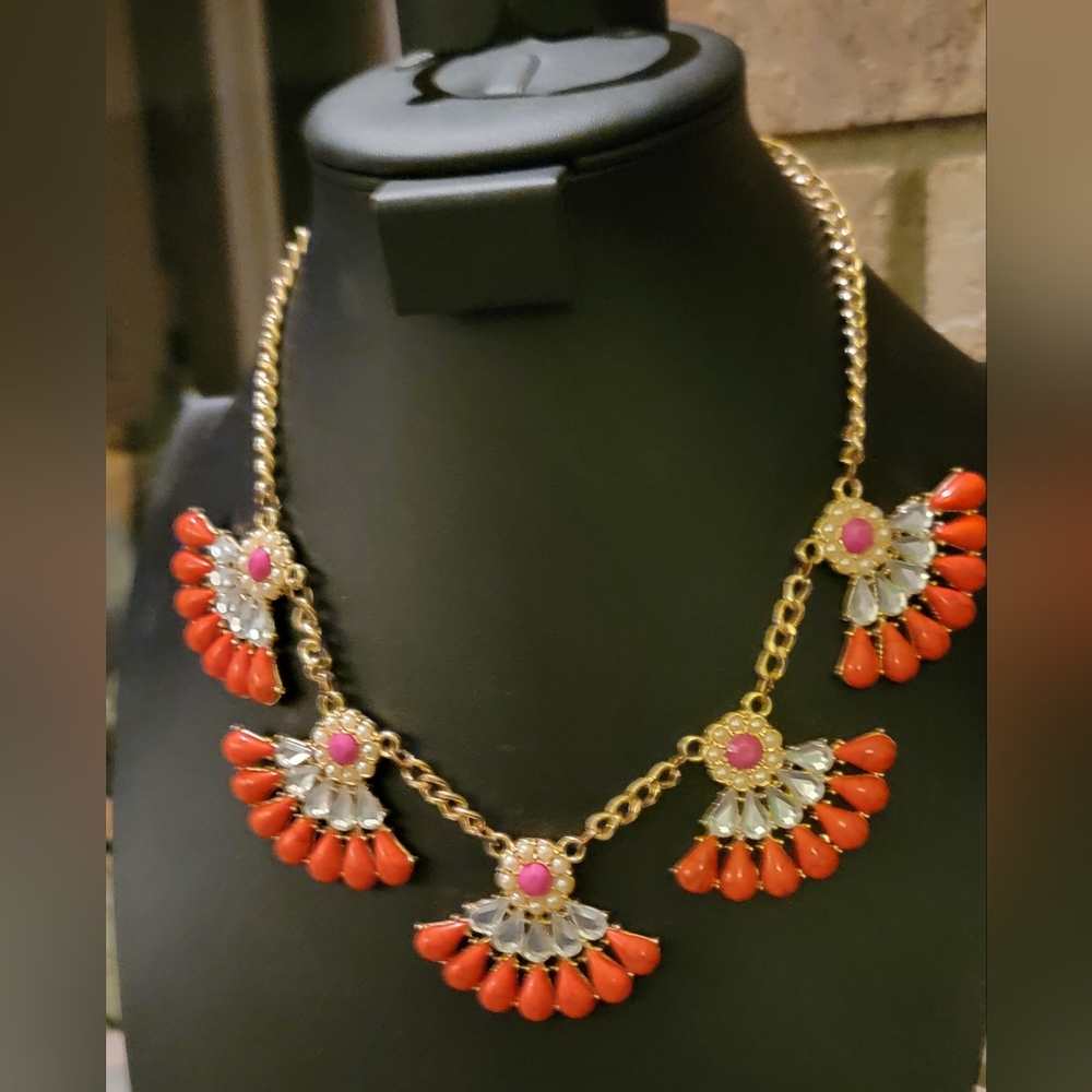 Spring Statement Gold-Tone Necklace with Coral and Pink Accents